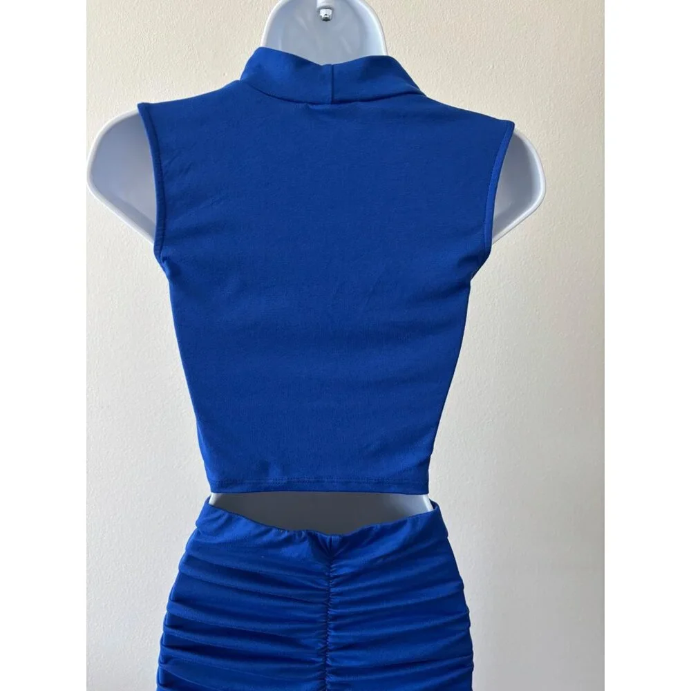 Skirt & Crop Top Set Large BodyCon Blue Ruched Y2K Glam Cyber Grunge Festival - Picture 13 of 15